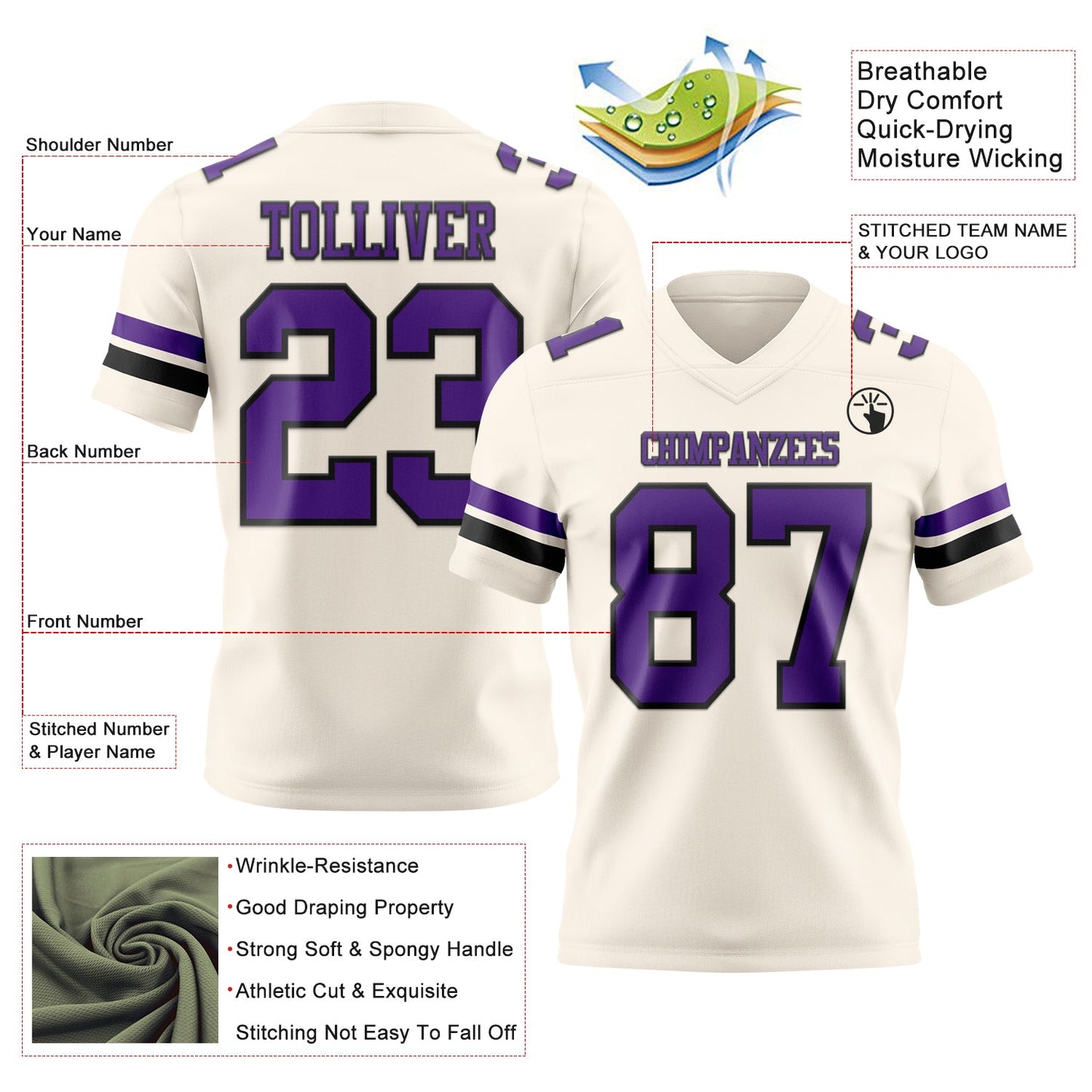 Custom Cream Purple-Black Mesh Authentic Football Jersey - Sky-Custom