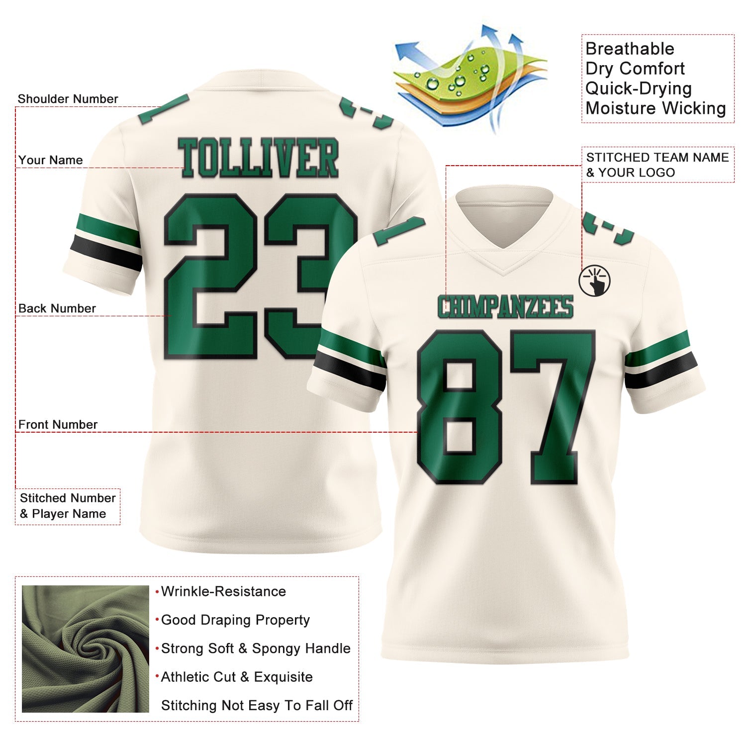 Custom Cream Kelly Green-Black Mesh Authentic Football Jersey - Sky-Custom
