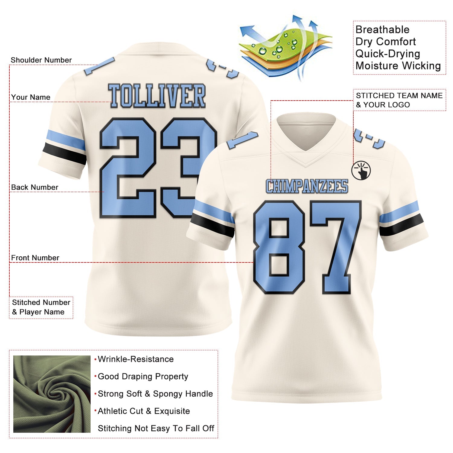 Custom Cream Light Blue-Black Mesh Authentic Football Jersey - Sky-Custom
