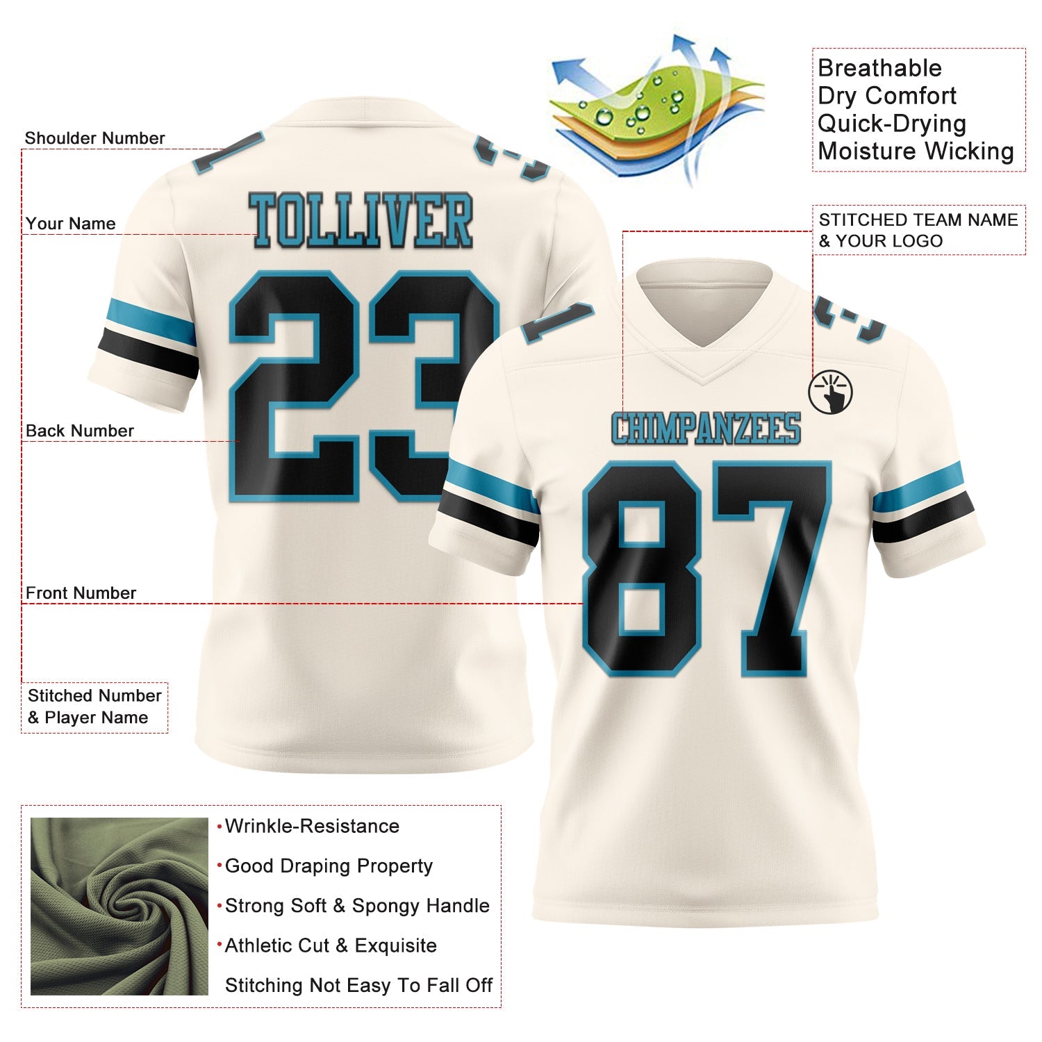 Custom Cream Black-Panther Blue Mesh Authentic Football Jersey - Sky-Custom