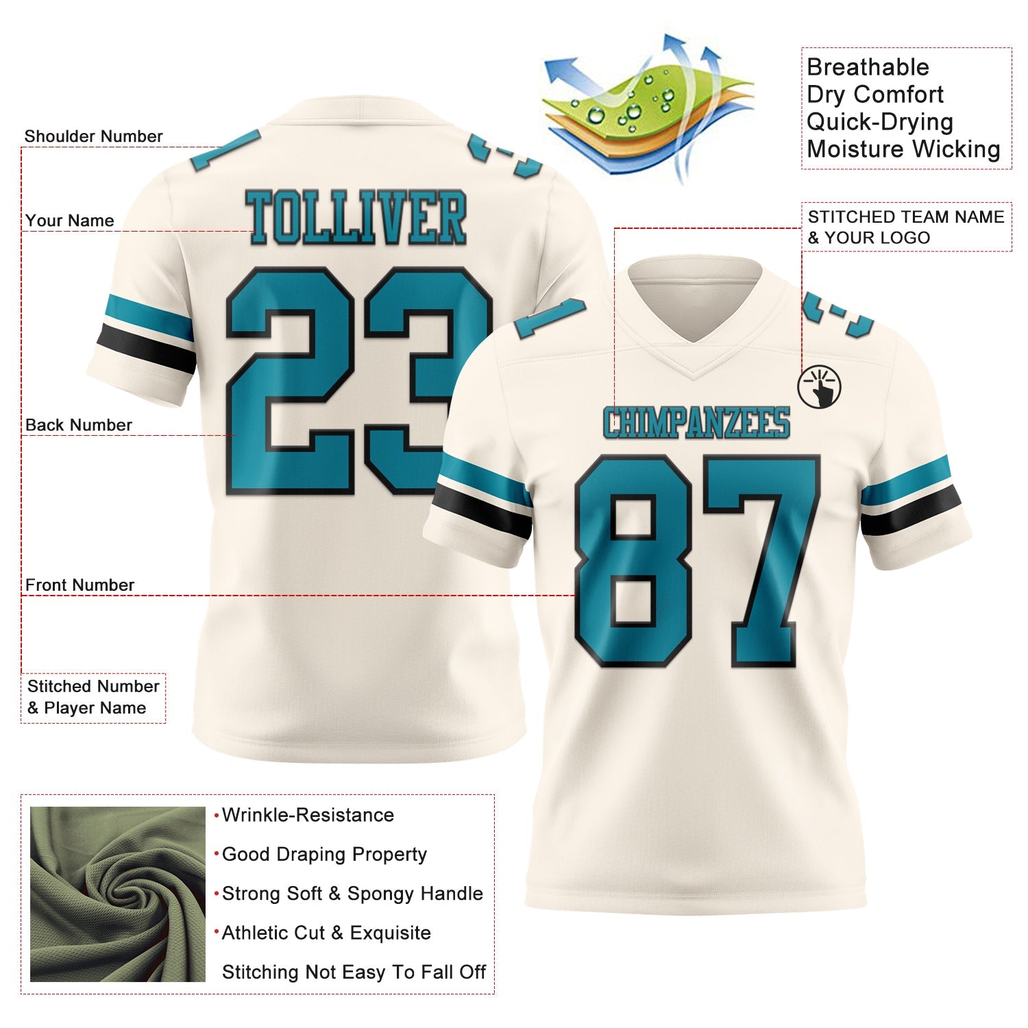 Custom Cream Teal-Black Mesh Authentic Football Jersey - Sky-Custom