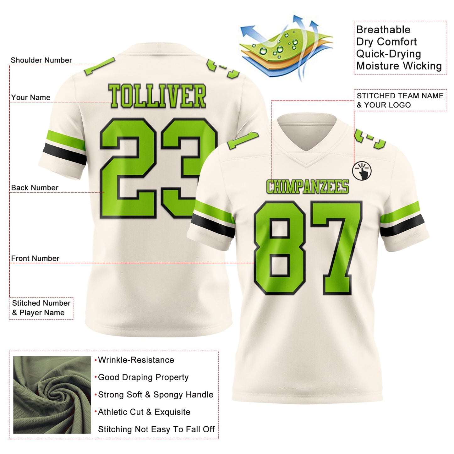 Custom Cream Neon Green-Black Mesh Authentic Football Jersey - Sky-Custom