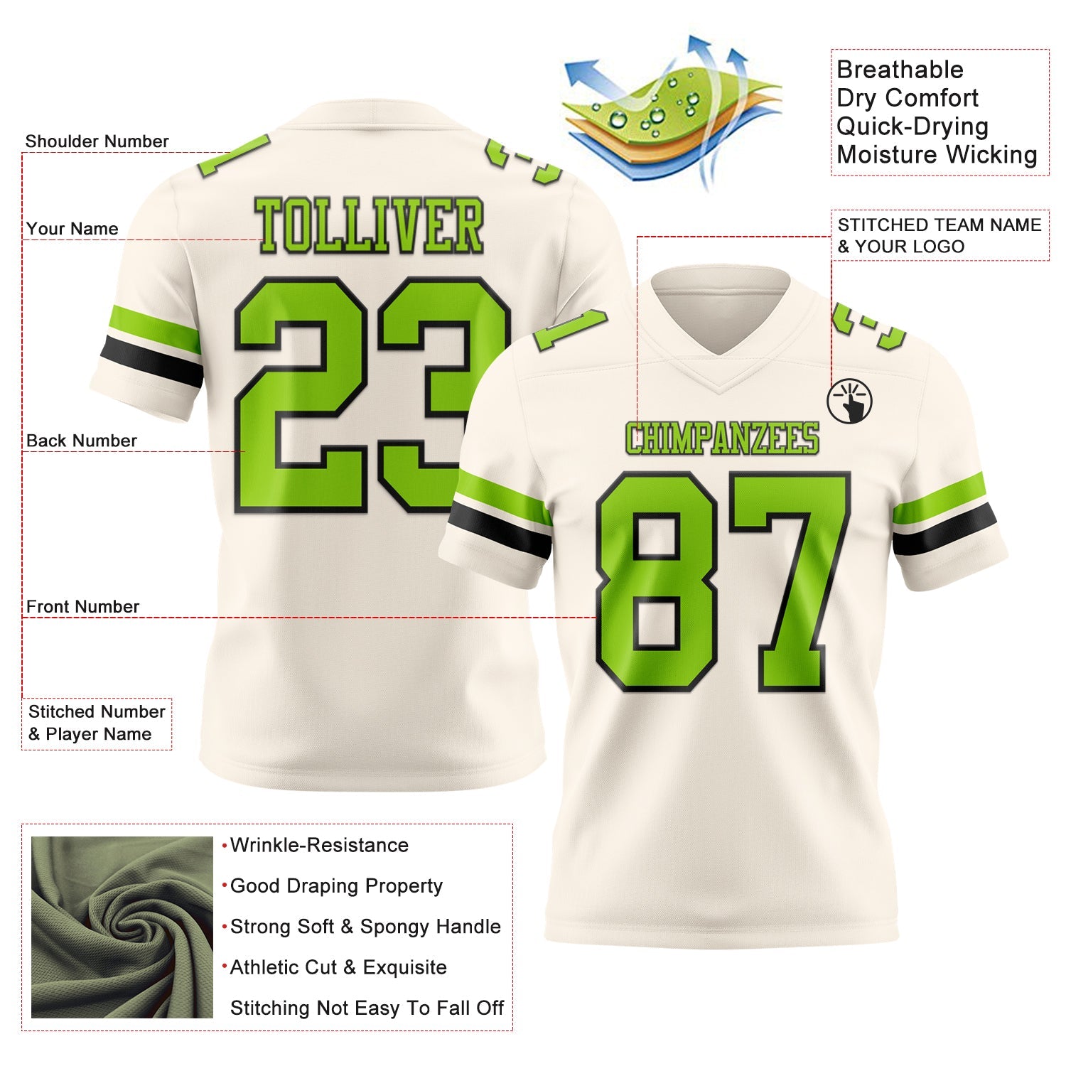 Custom Cream Neon Green-Black Mesh Authentic Football Jersey - Sky-Custom