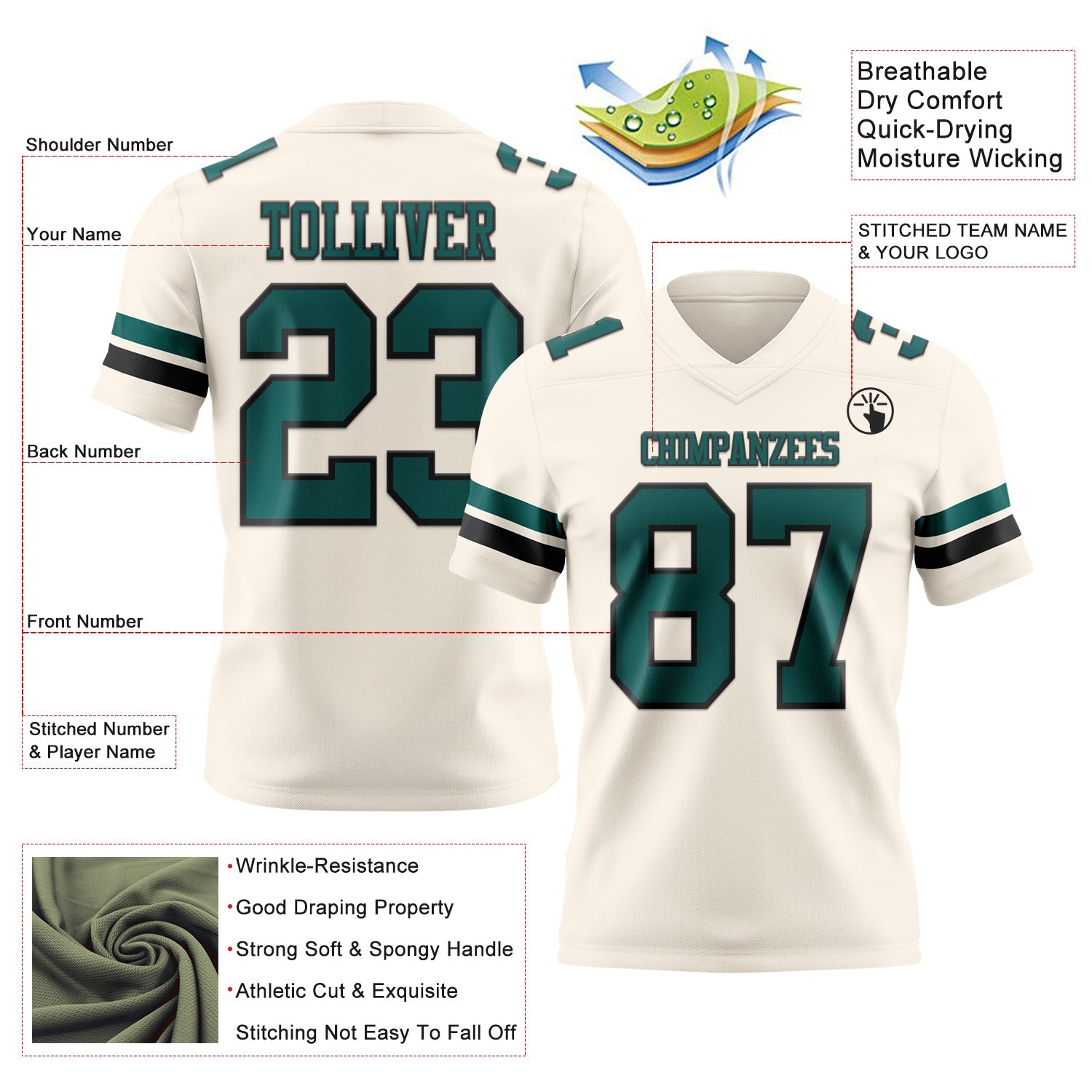 Custom Cream Midnight Green-Black Mesh Authentic Football Jersey - Sky-Custom
