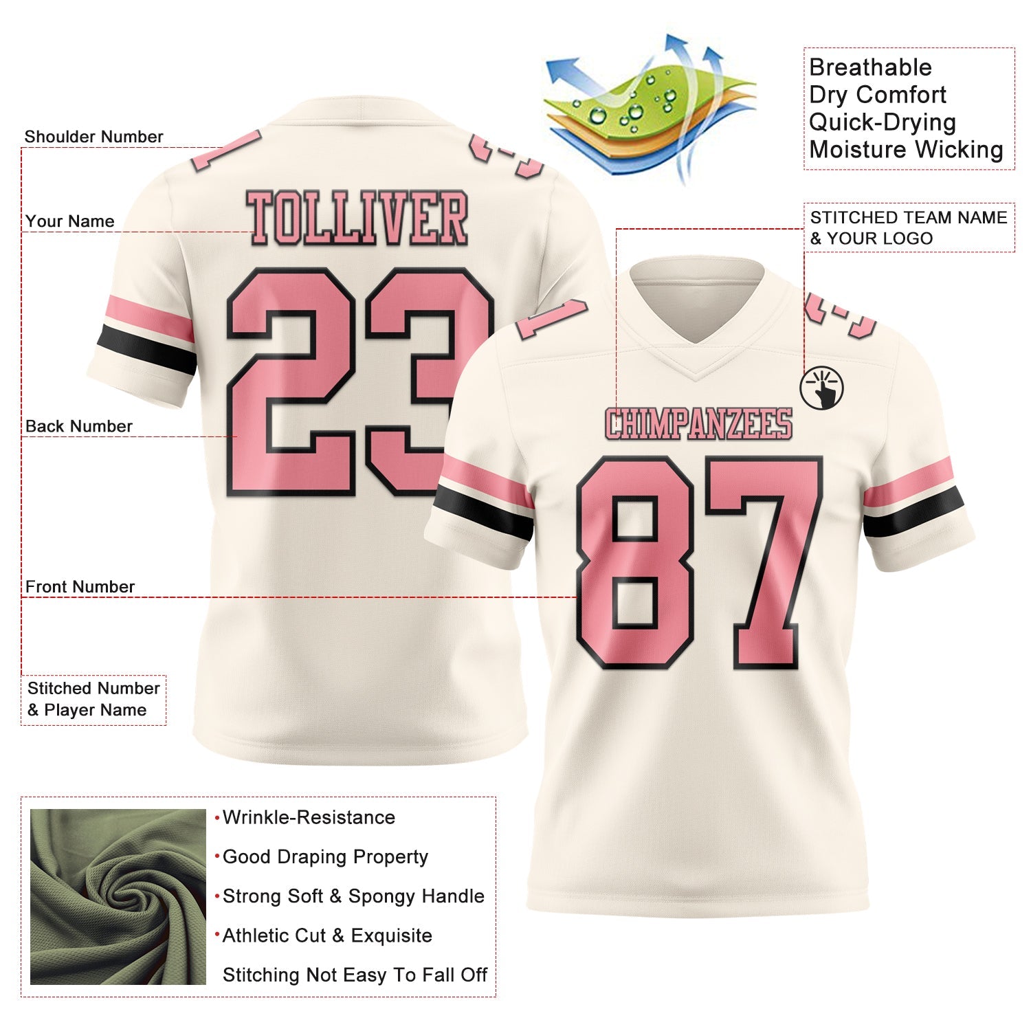Custom Cream Medium Pink-Black Mesh Authentic Football Jersey - Sky-Custom