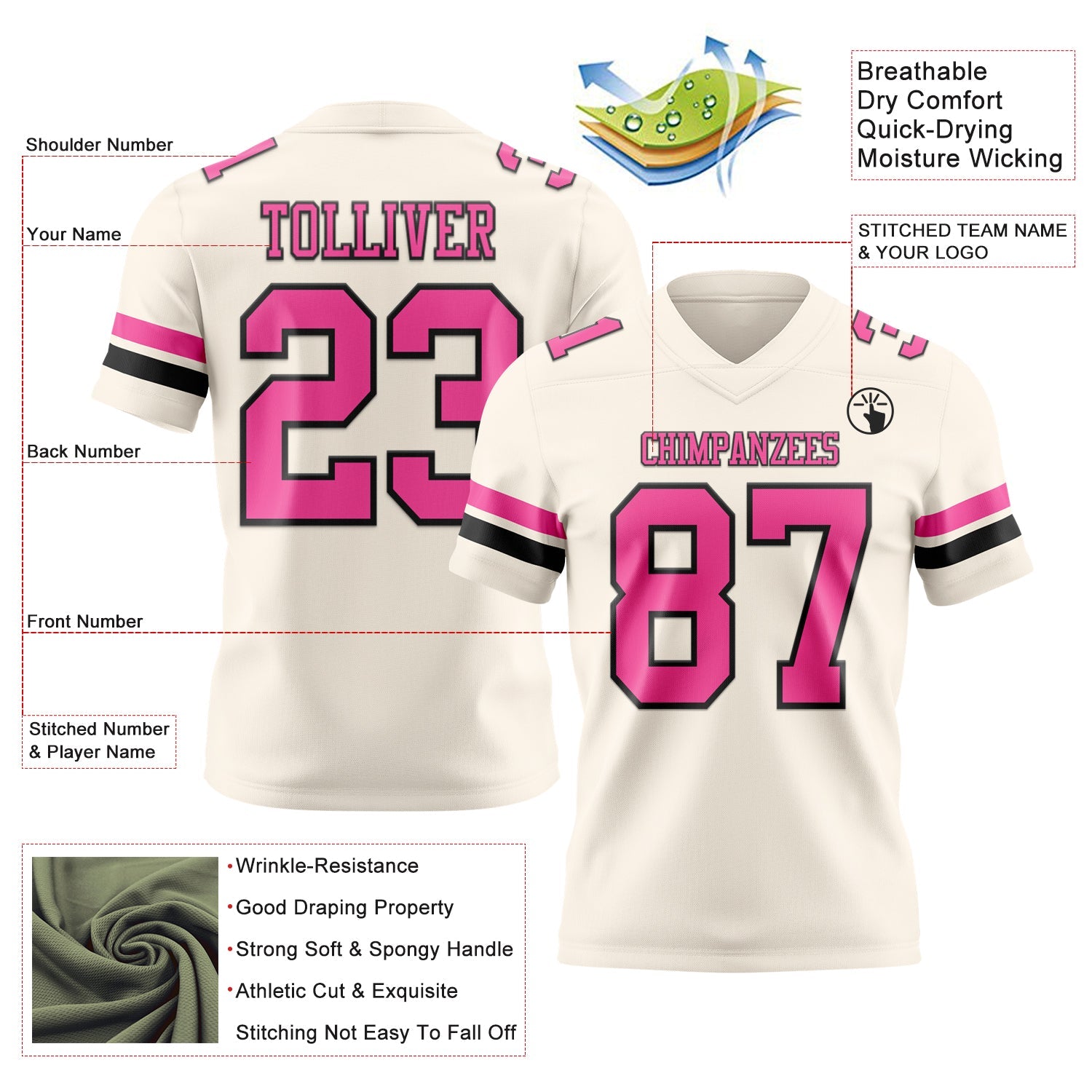 Custom Cream Pink-Black Mesh Authentic Football Jersey - Sky-Custom