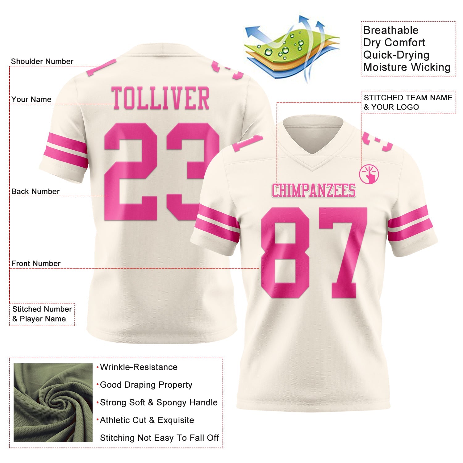 Custom Cream Pink Mesh Authentic Football Jersey - Sky-Custom