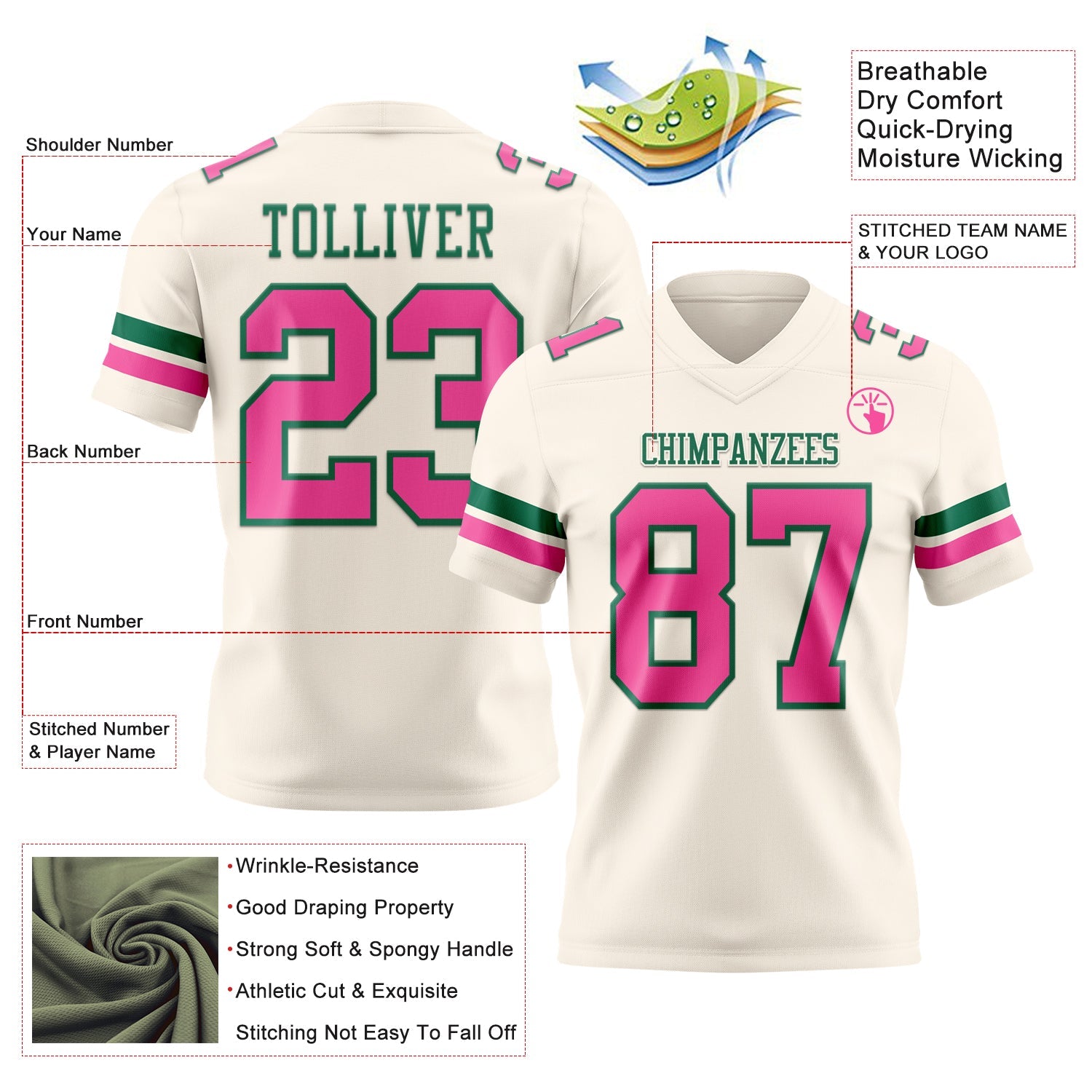 Custom Cream Pink-Kelly Green Mesh Authentic Football Jersey - Sky-Custom