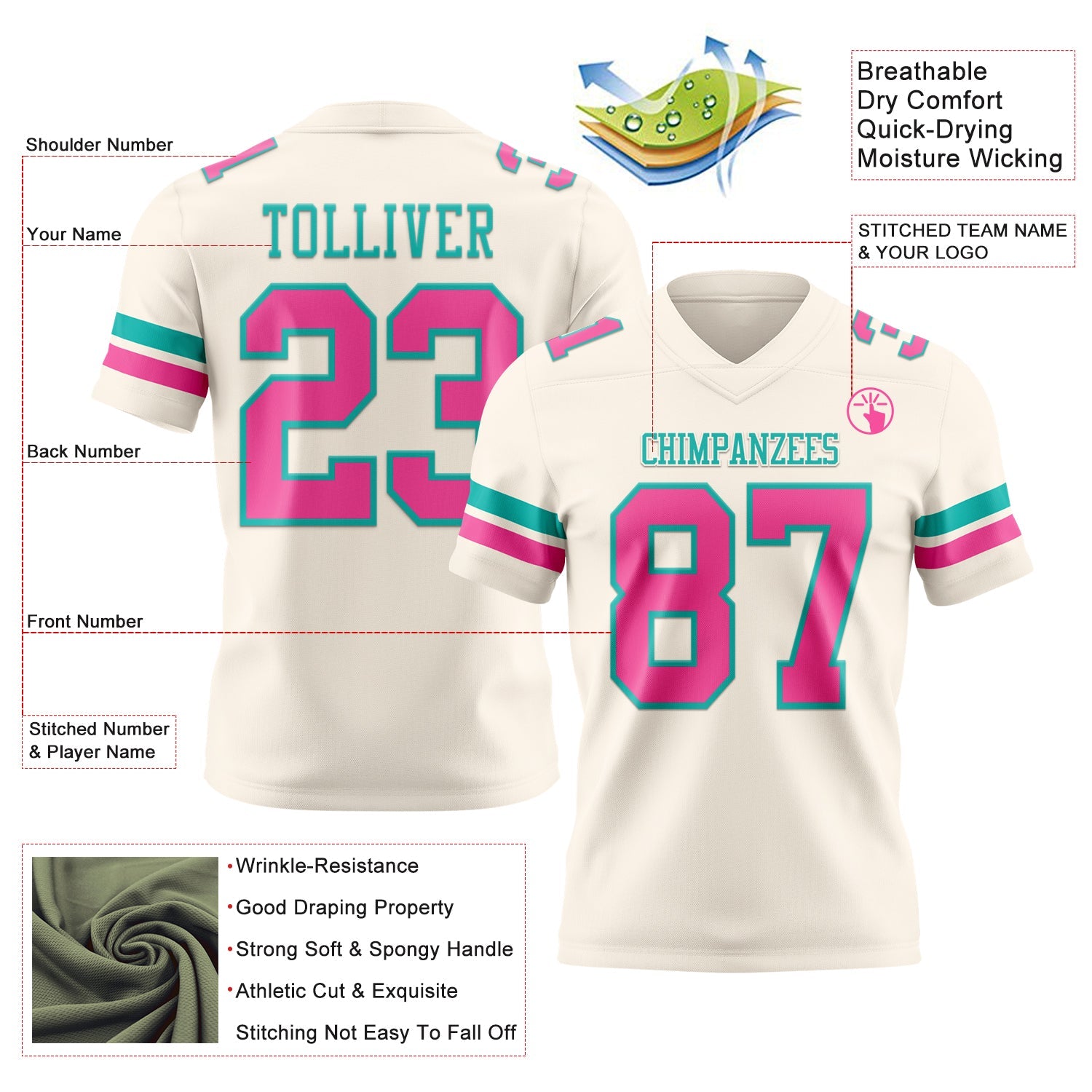 Custom Cream Pink-Aqua Mesh Authentic Football Jersey - Sky-Custom