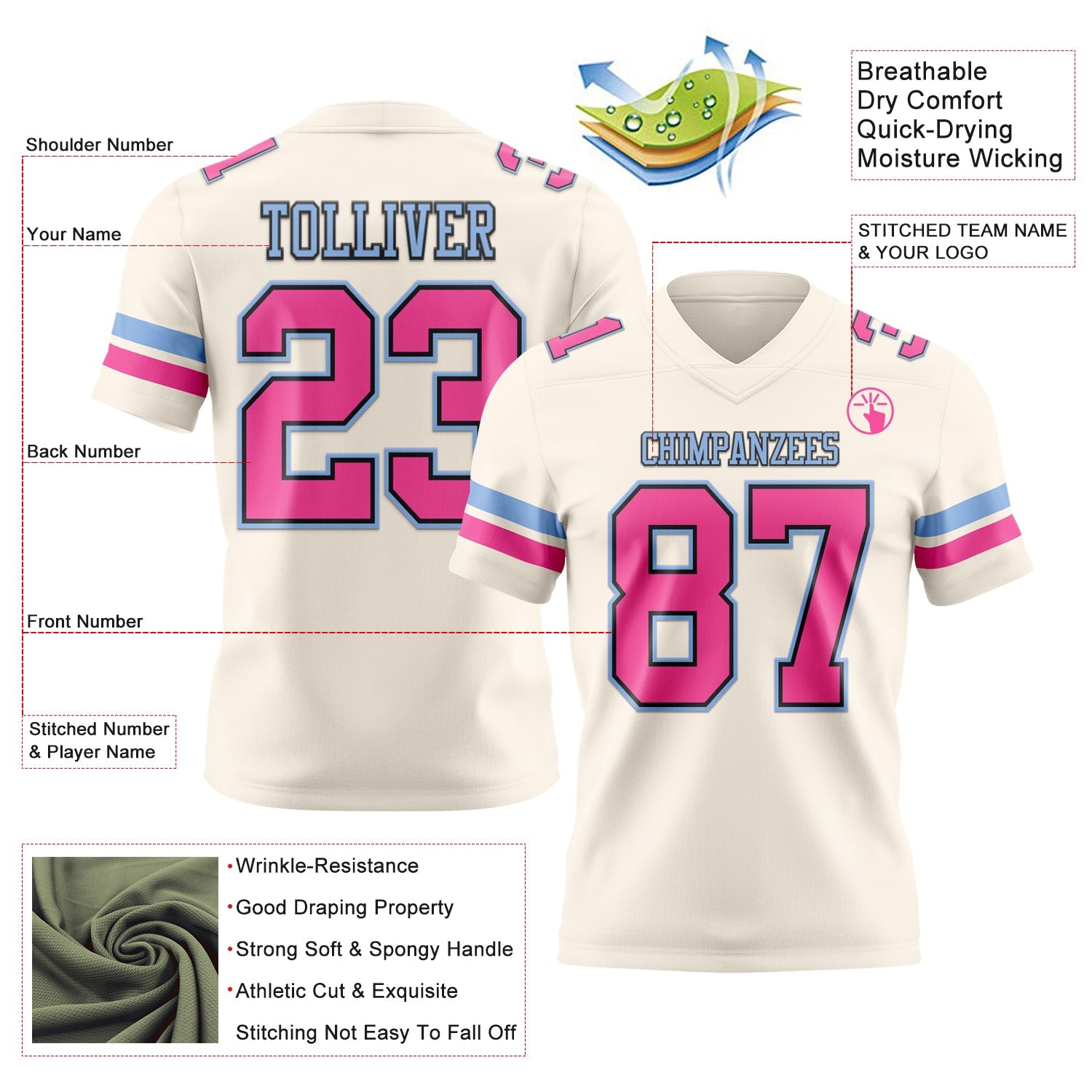 Custom Cream Pink Black-Light Blue Mesh Authentic Football Jersey - Sky-Custom