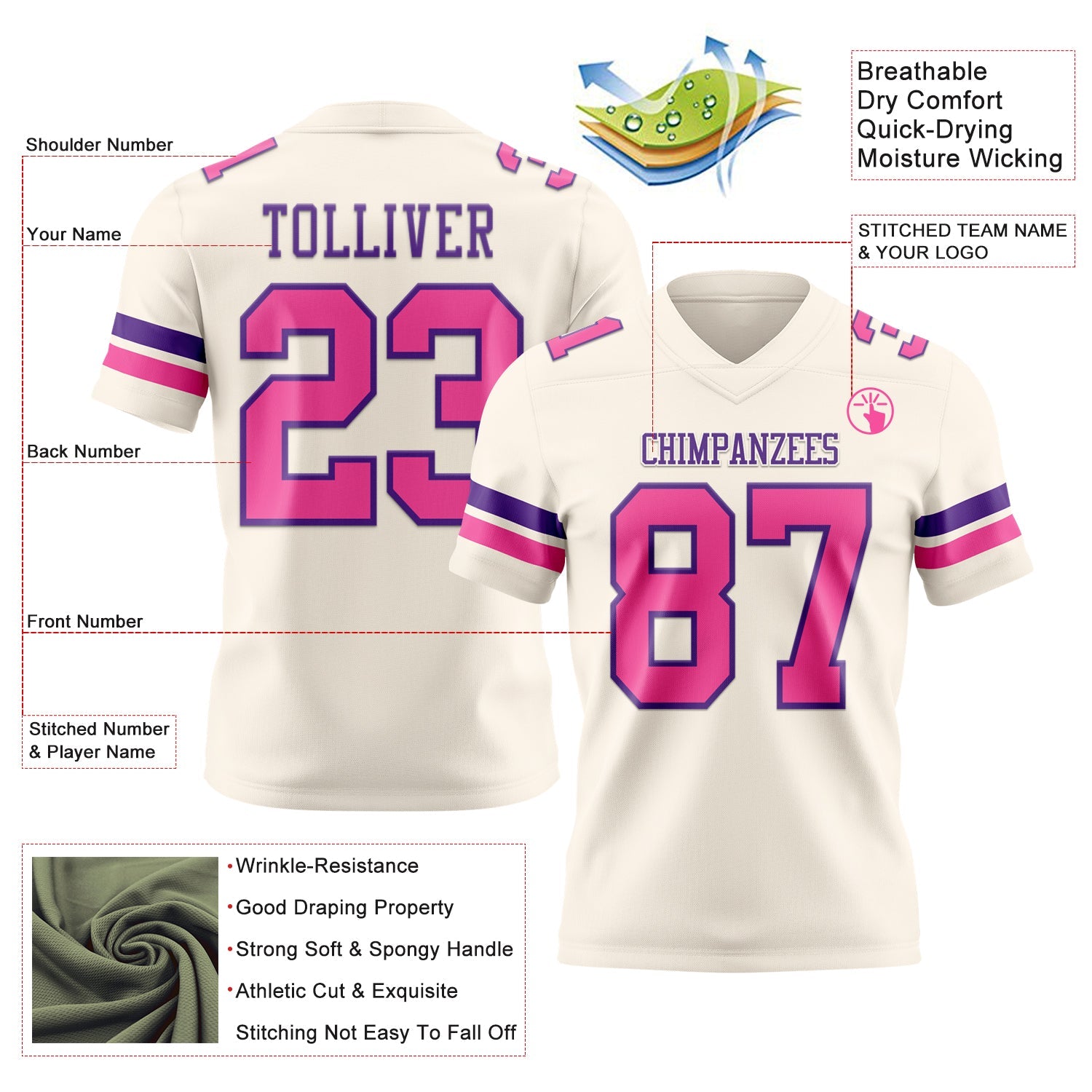Custom Cream Pink-Purple Mesh Authentic Football Jersey - Sky-Custom