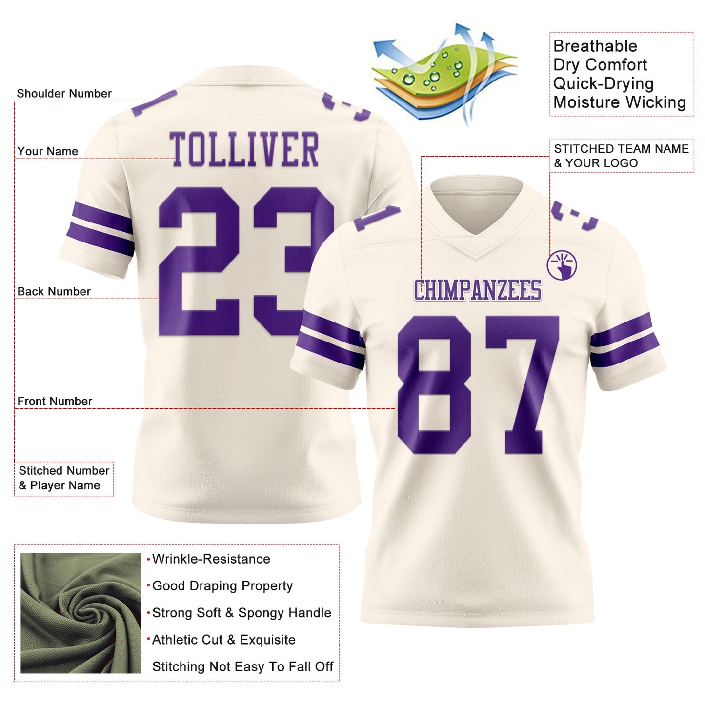 Custom Cream Purple Mesh Authentic Football Jersey - Sky-Custom