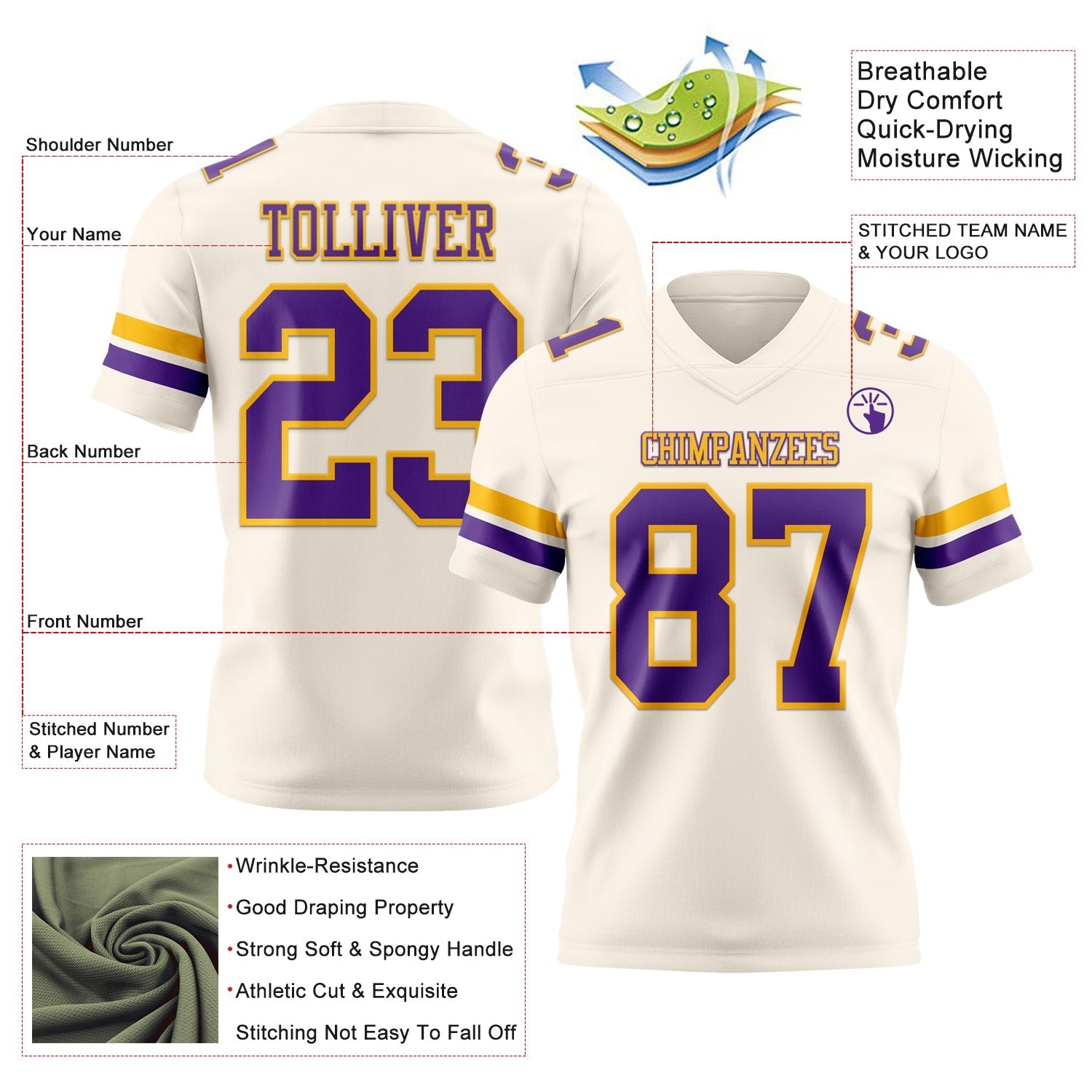 Custom Cream Purple-Gold Mesh Authentic Football Jersey - Sky-Custom