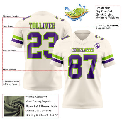 Custom Cream Purple-Neon Green Mesh Authentic Football Jersey - Sky-Custom