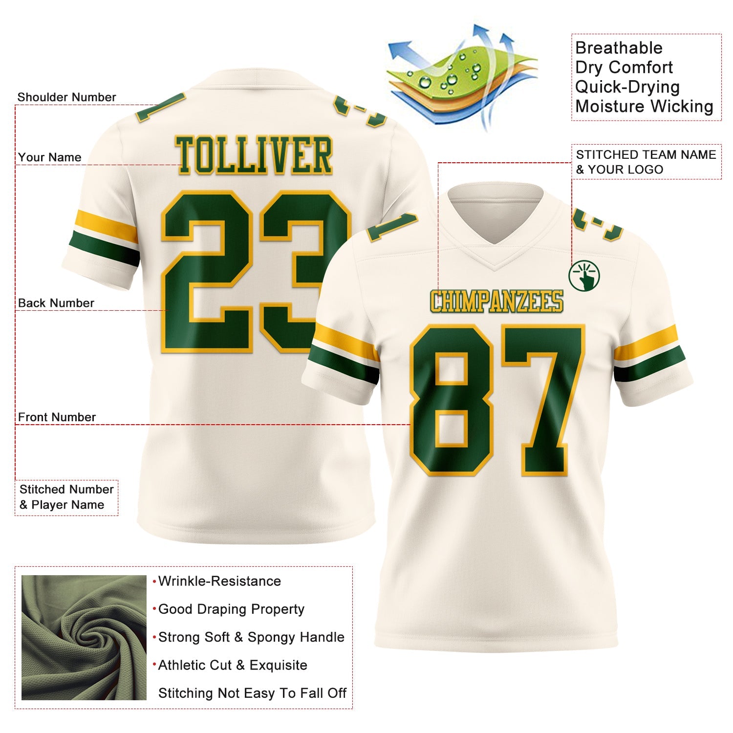 Custom Cream Green-Gold Mesh Authentic Football Jersey - Sky-Custom