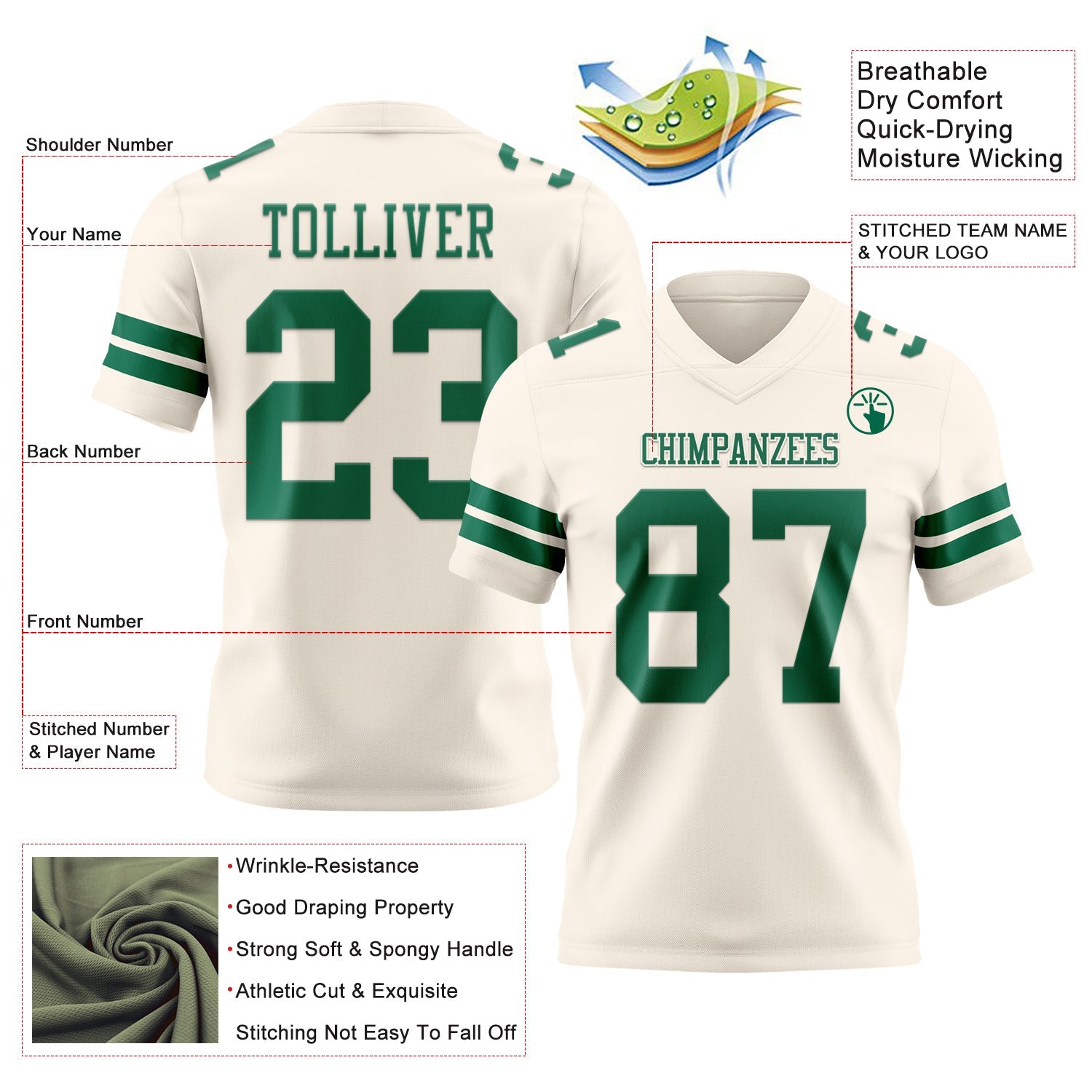 Custom Cream Kelly Green Mesh Authentic Football Jersey - Sky-Custom