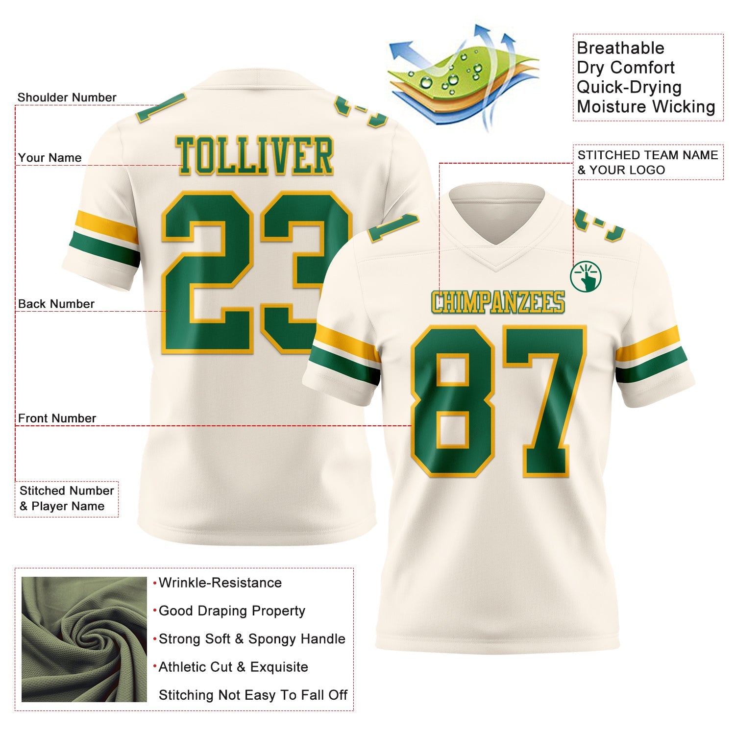 Custom Cream Kelly Green-Gold Mesh Authentic Football Jersey - Sky-Custom