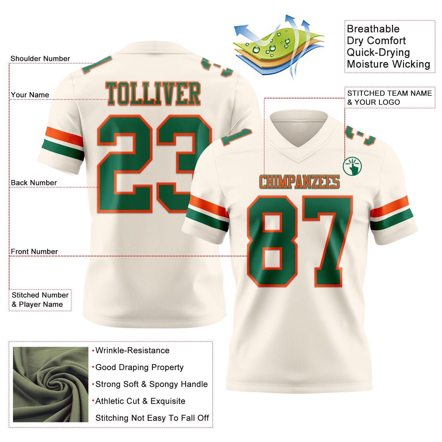 Custom Cream Kelly Green-Orange Mesh Authentic Football Jersey - Sky-Custom