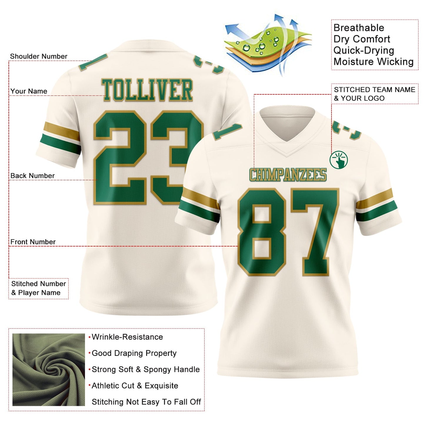 Custom Cream Kelly Green-Old Gold Mesh Authentic Football Jersey - Sky-Custom