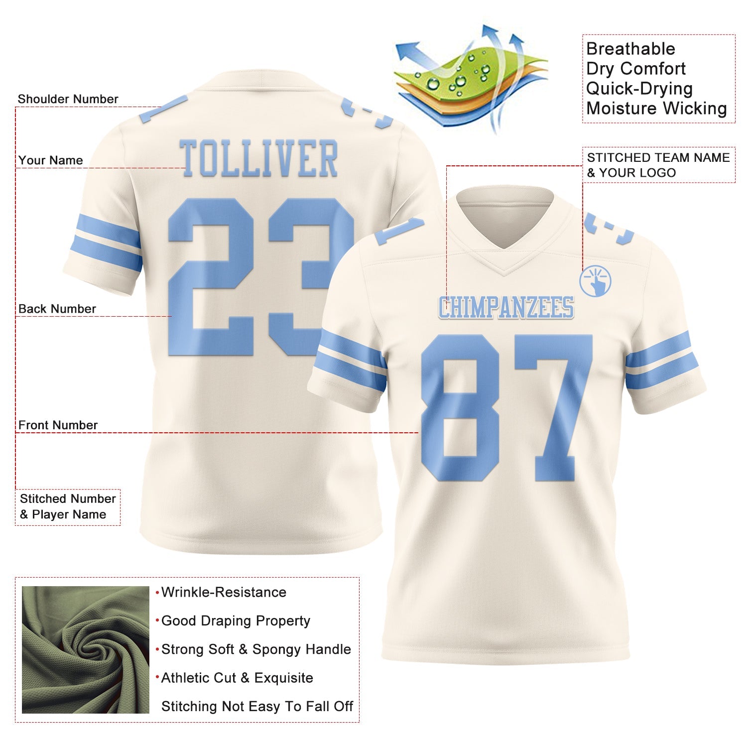 Custom Cream Light Blue Mesh Authentic Football Jersey - Sky-Custom
