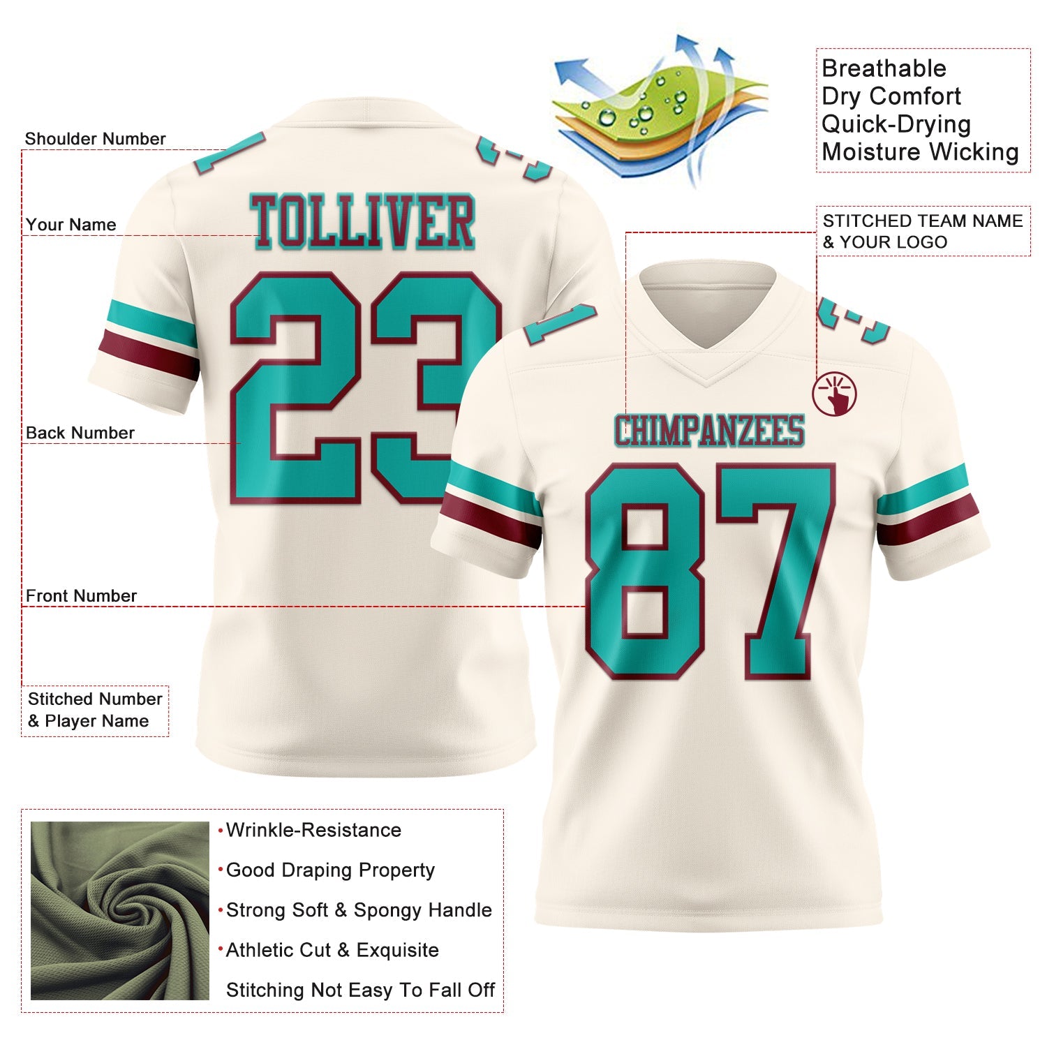Custom Cream Aqua-Crimson Mesh Authentic Football Jersey - Sky-Custom
