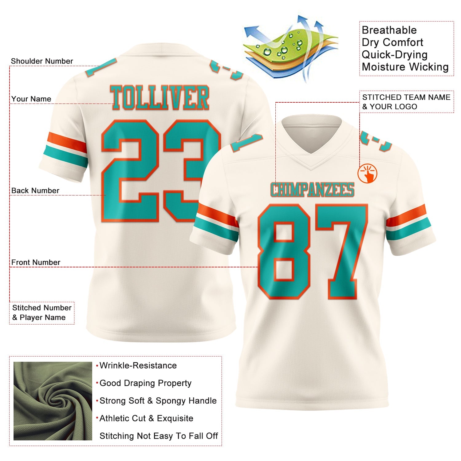 Custom Cream Aqua-Orange Mesh Authentic Football Jersey - Sky-Custom