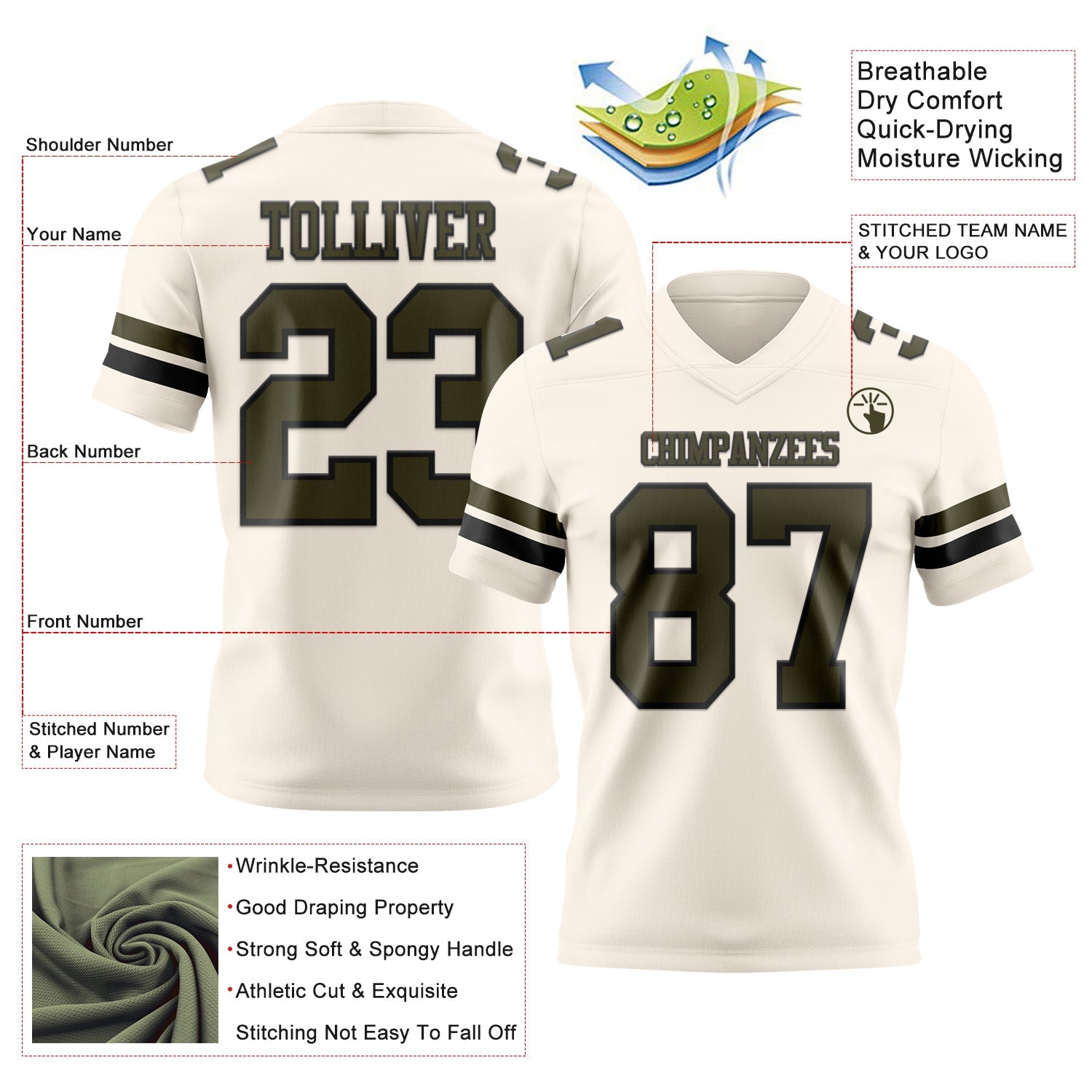 Custom Cream Olive-Black Mesh Authentic Football Jersey - Sky-Custom