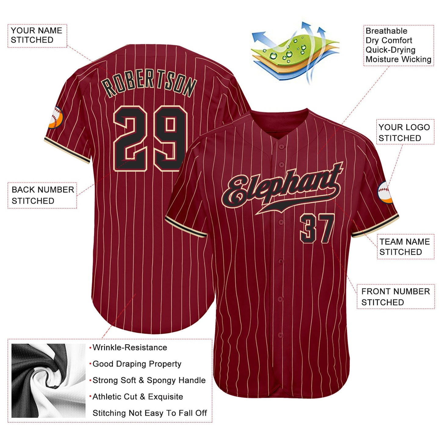 Custom Crimson Cream Pinstripe Black-City Cream Authentic Baseball Jersey - Sky-Custom