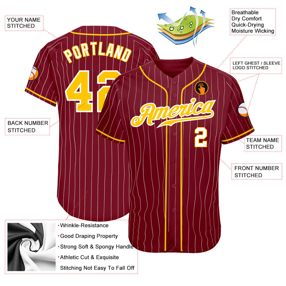 Custom Crimson White Pinstripe Gold-White Authentic Baseball Jersey - Sky-Custom