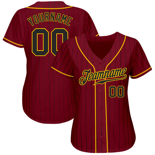 Custom Crimson Black Pinstripe Black-Gold Authentic Baseball Jersey - Sky-Custom