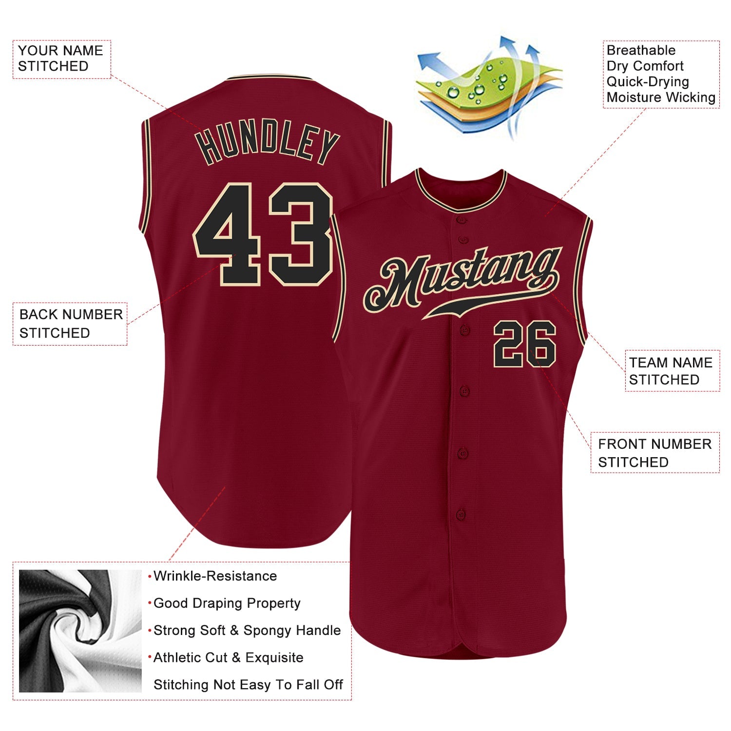 Custom Crimson Black-Cream Authentic Sleeveless Baseball Jersey - Sky-Custom
