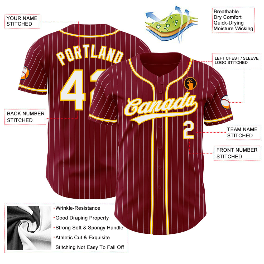 Custom Crimson White Pinstripe White-Gold Authentic Baseball Jersey - Sky-Custom