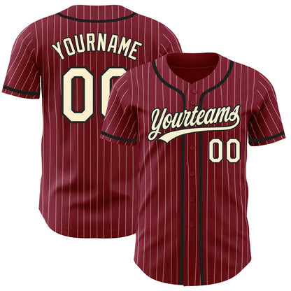 Custom Crimson Cream Pinstripe Black Authentic Baseball Jersey - Sky-Custom