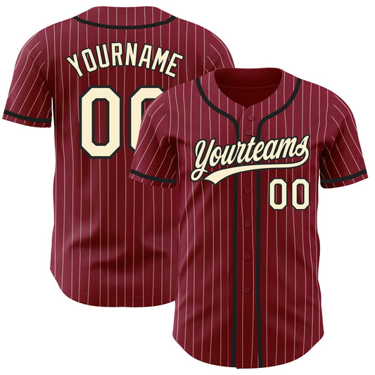 Custom Crimson Cream Pinstripe Black Authentic Baseball Jersey - Sky-Custom