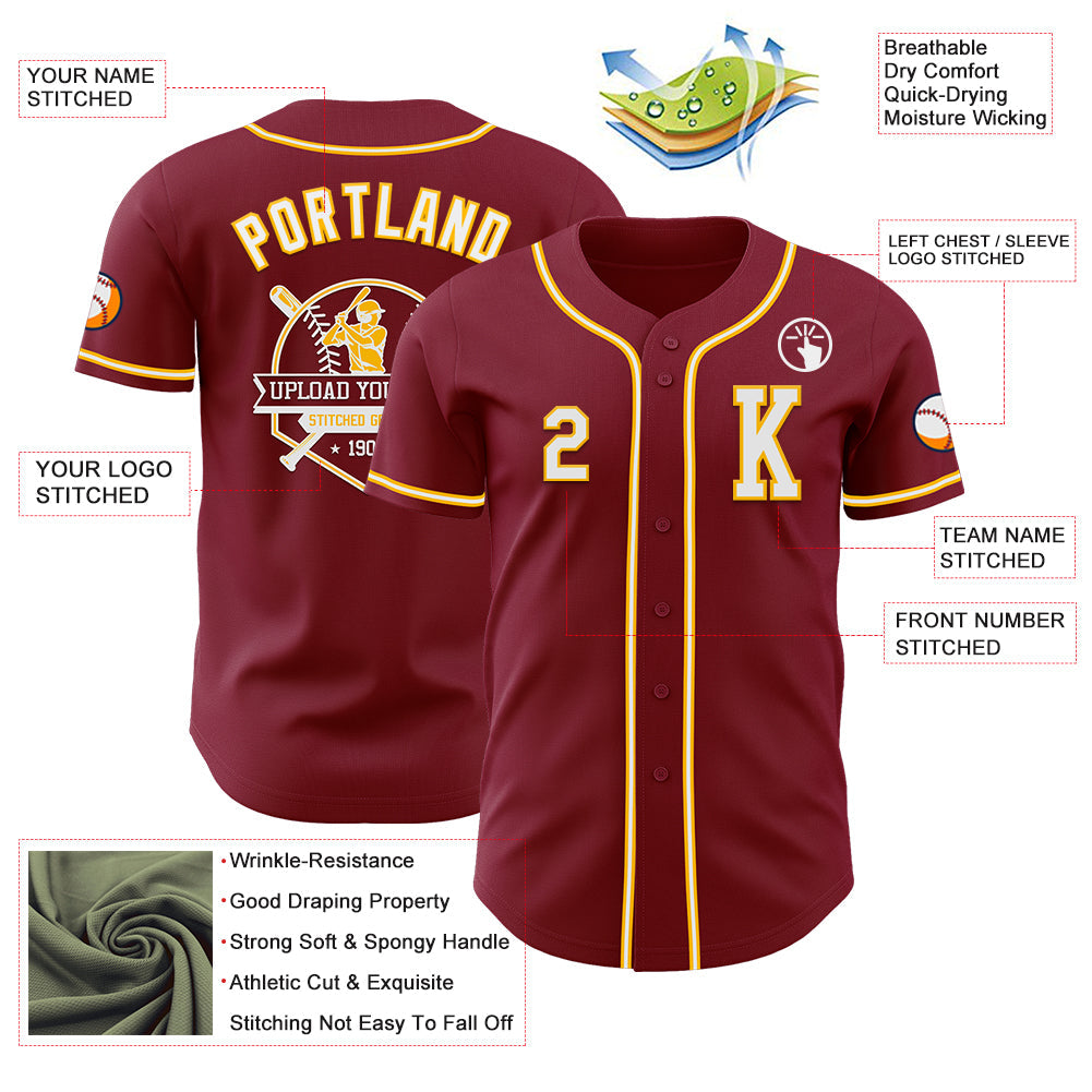 Custom Crimson White-Gold Authentic Baseball Jersey - Sky-Custom