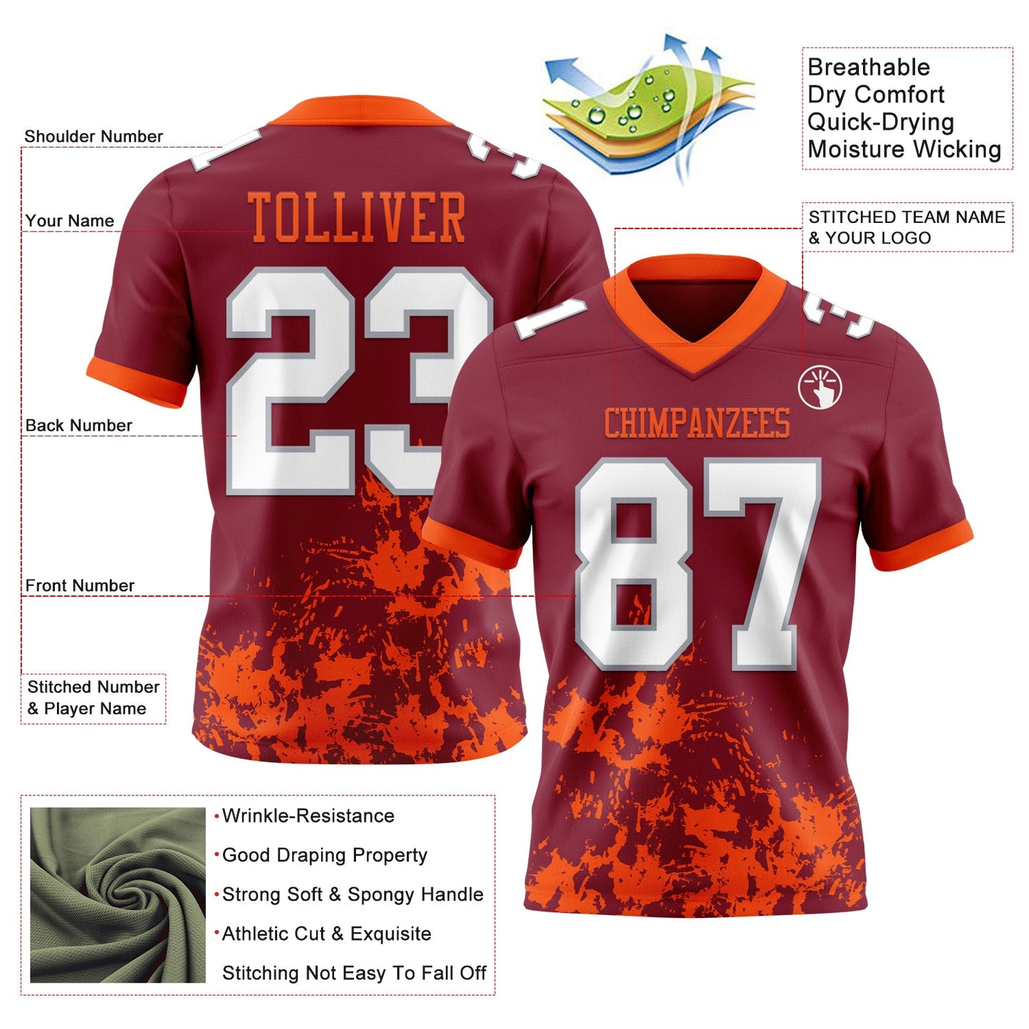 Custom Crimson White Orange-Gray Splash Mesh Authentic Football Jersey - Sky-Custom