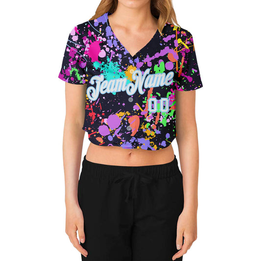 Custom Women's Graffiti Pattern White-Light Blue Splashes 3D V-Neck Cropped Baseball Jersey - Sky-Custom