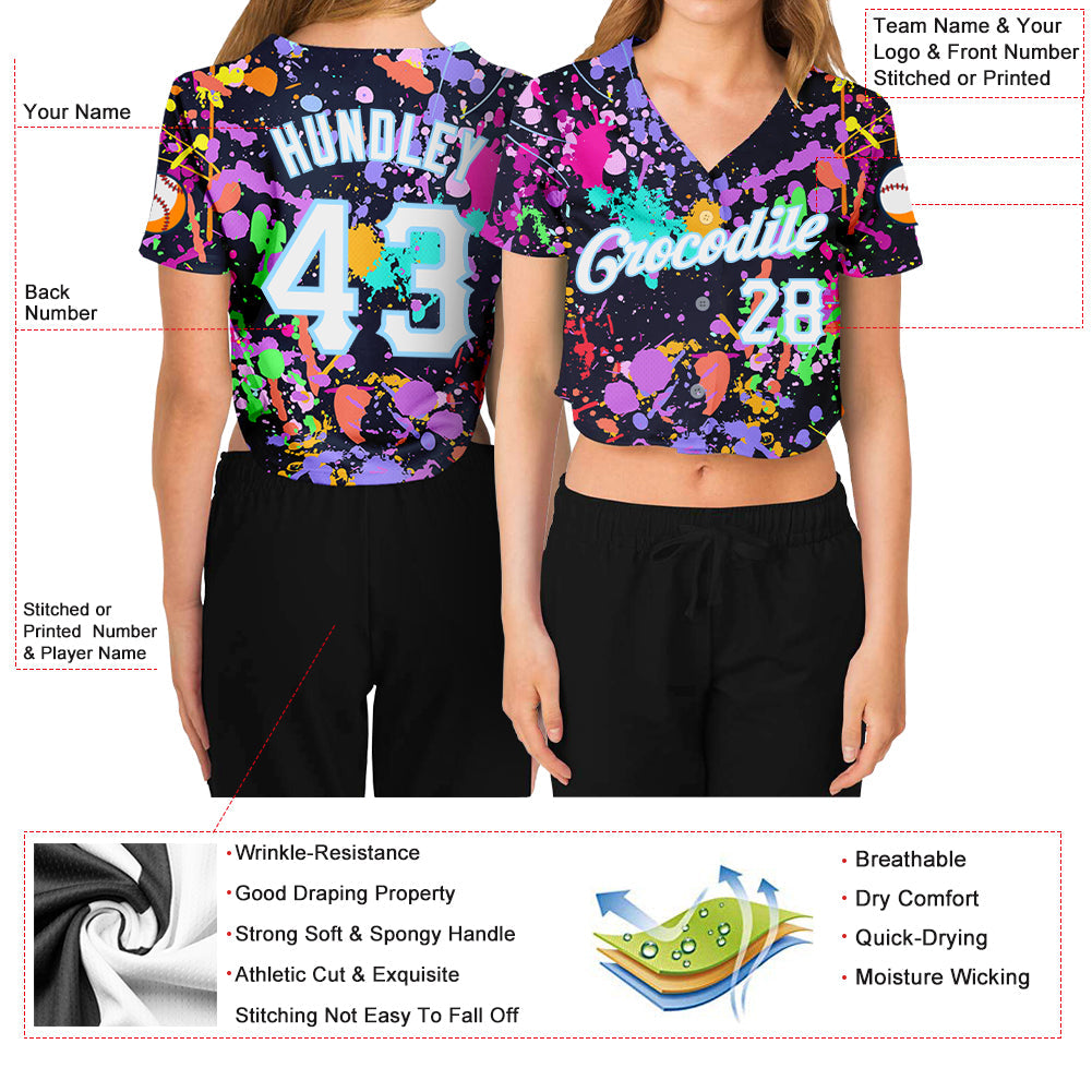 Custom Women's Graffiti Pattern White-Light Blue Splashes 3D V-Neck Cropped Baseball Jersey - Sky-Custom