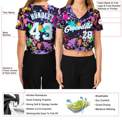 Custom Women's Graffiti Pattern White-Light Blue Splashes 3D V-Neck Cropped Baseball Jersey - Sky-Custom