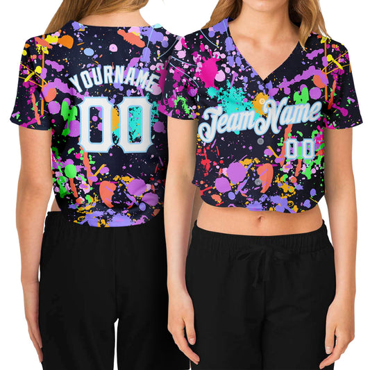 Custom Women's Graffiti Pattern White-Light Blue Splashes 3D V-Neck Cropped Baseball Jersey - Sky-Custom