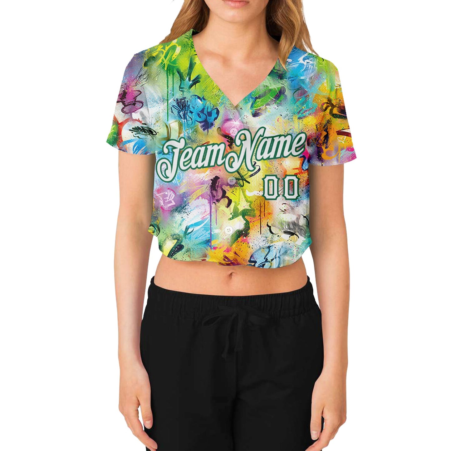 Custom Women's Graffiti Pattern White-Kelly Green Scratch 3D V-Neck Cropped Baseball Jersey - Sky-Custom