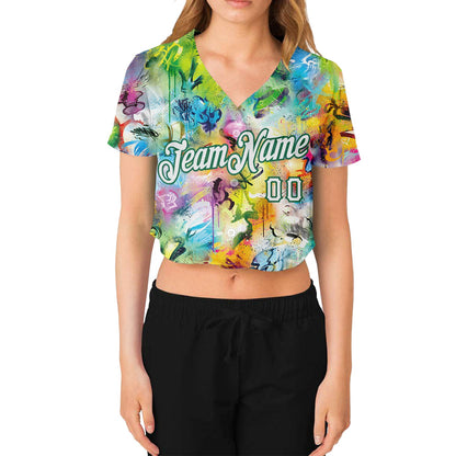 Custom Women's Graffiti Pattern White-Kelly Green Scratch 3D V-Neck Cropped Baseball Jersey - Sky-Custom