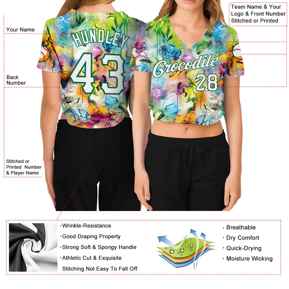 Custom Women's Graffiti Pattern White-Kelly Green Scratch 3D V-Neck Cropped Baseball Jersey - Sky-Custom