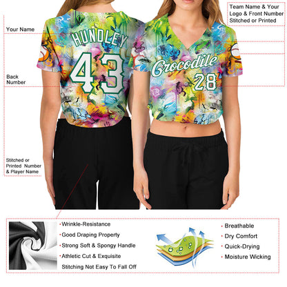 Custom Women's Graffiti Pattern White-Kelly Green Scratch 3D V-Neck Cropped Baseball Jersey - Sky-Custom