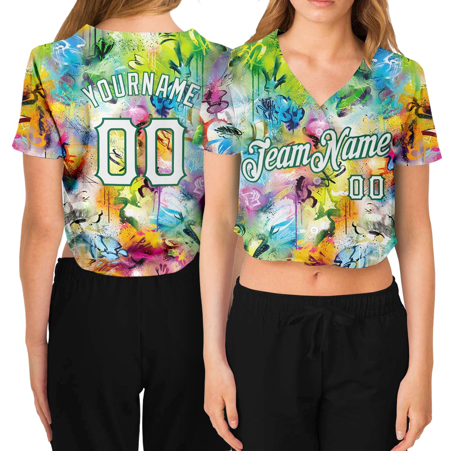 Custom Women's Graffiti Pattern White-Kelly Green Scratch 3D V-Neck Cropped Baseball Jersey - Sky-Custom