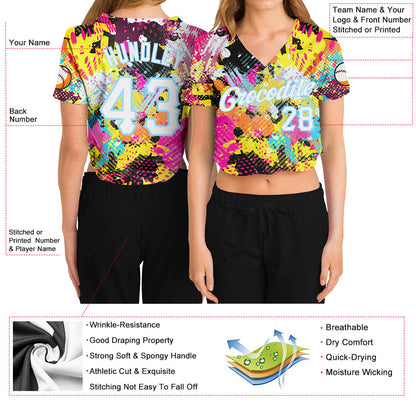 Custom Women's Graffiti Pattern White-Light Blue Bright Psychedelic 3D V-Neck Cropped Baseball Jersey - Sky-Custom