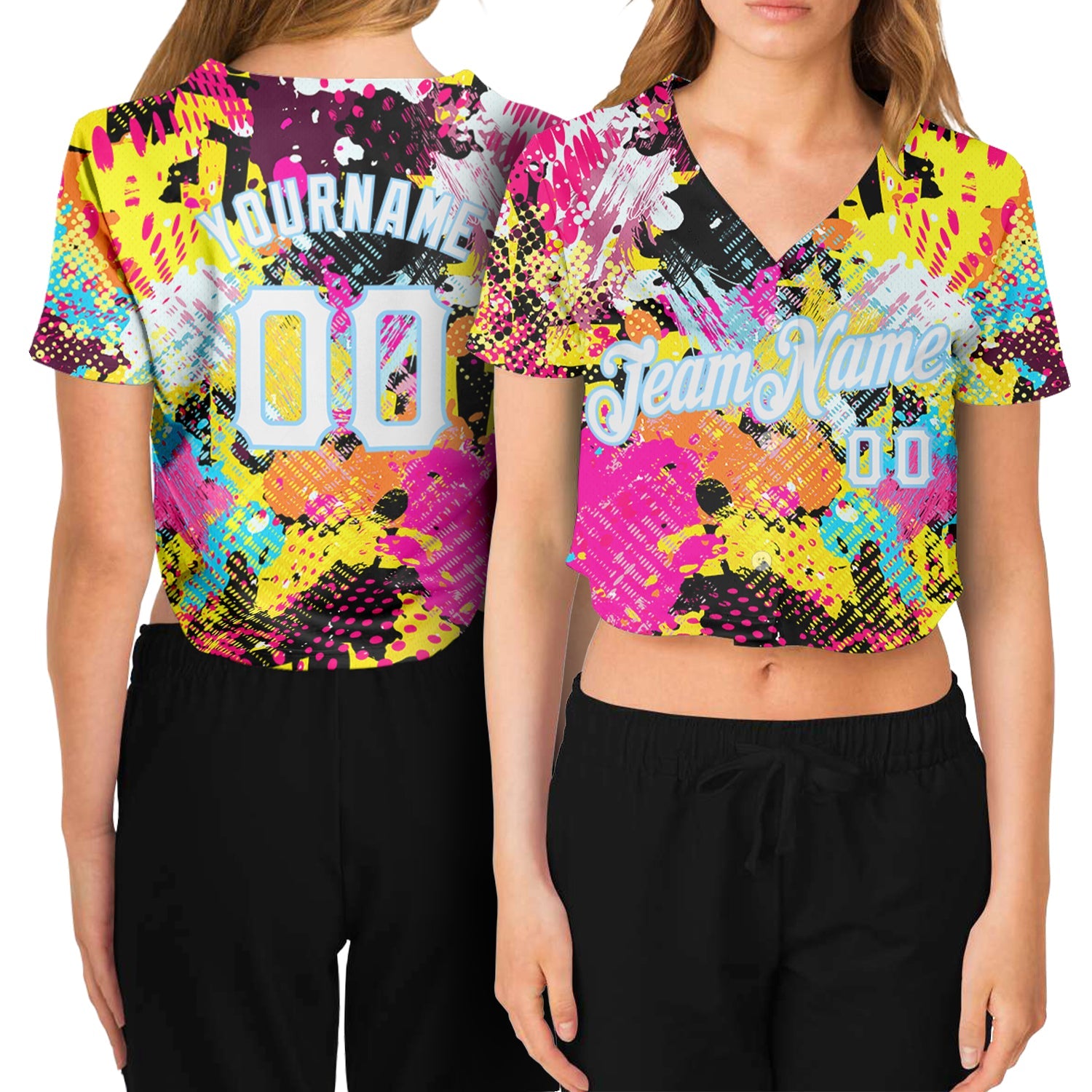 Custom Women's Graffiti Pattern White-Light Blue Bright Psychedelic 3D V-Neck Cropped Baseball Jersey - Sky-Custom