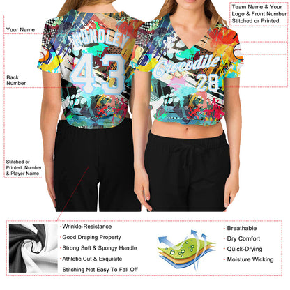 Custom Women's Graffiti Pattern White-Light Blue Colored Abstract 3D V-Neck Cropped Baseball Jersey - Sky-Custom