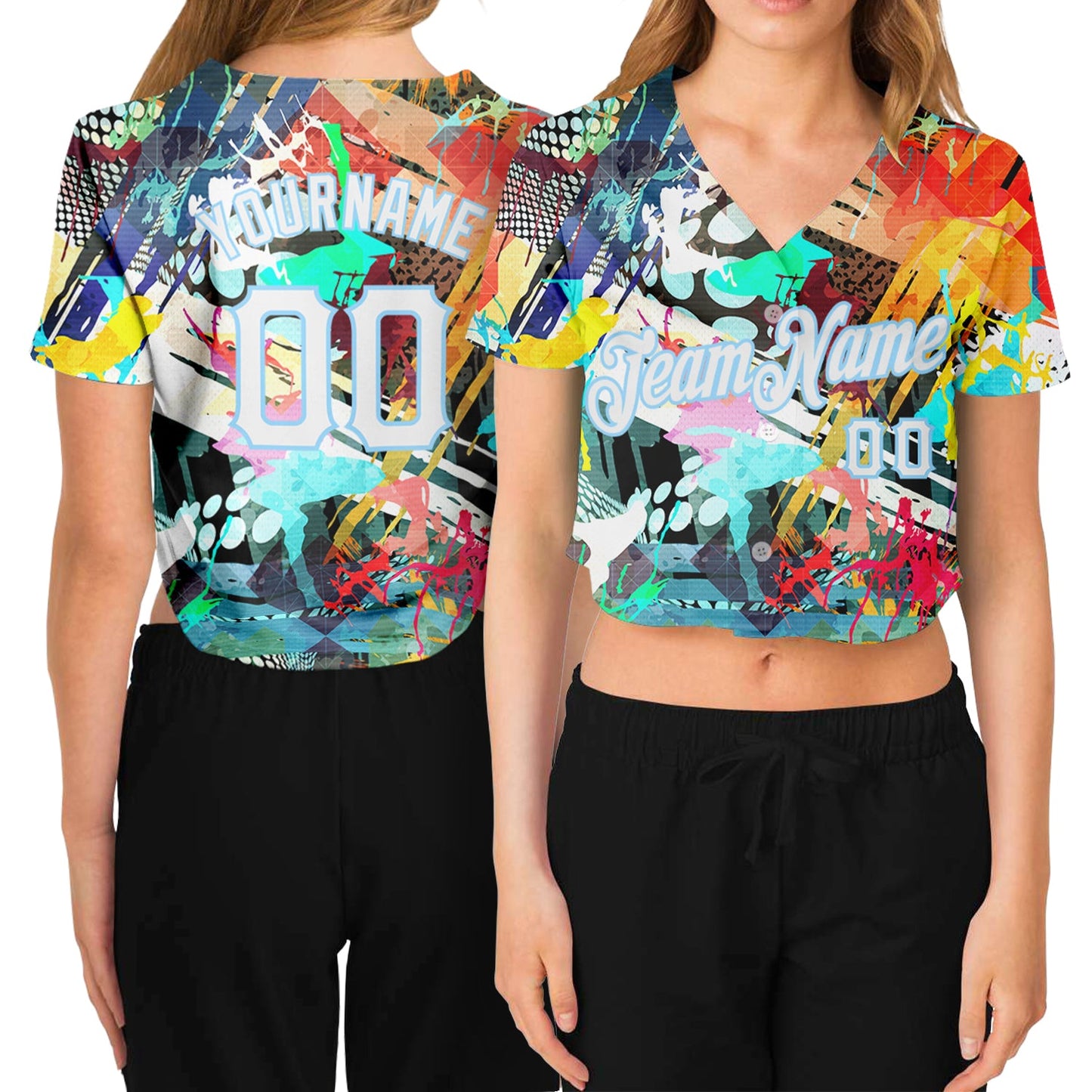 Custom Women's Graffiti Pattern White-Light Blue Colored Abstract 3D V-Neck Cropped Baseball Jersey - Sky-Custom