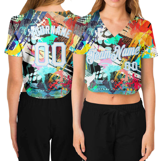 Custom Women's Graffiti Pattern White-Light Blue Colored Abstract 3D V-Neck Cropped Baseball Jersey - Sky-Custom